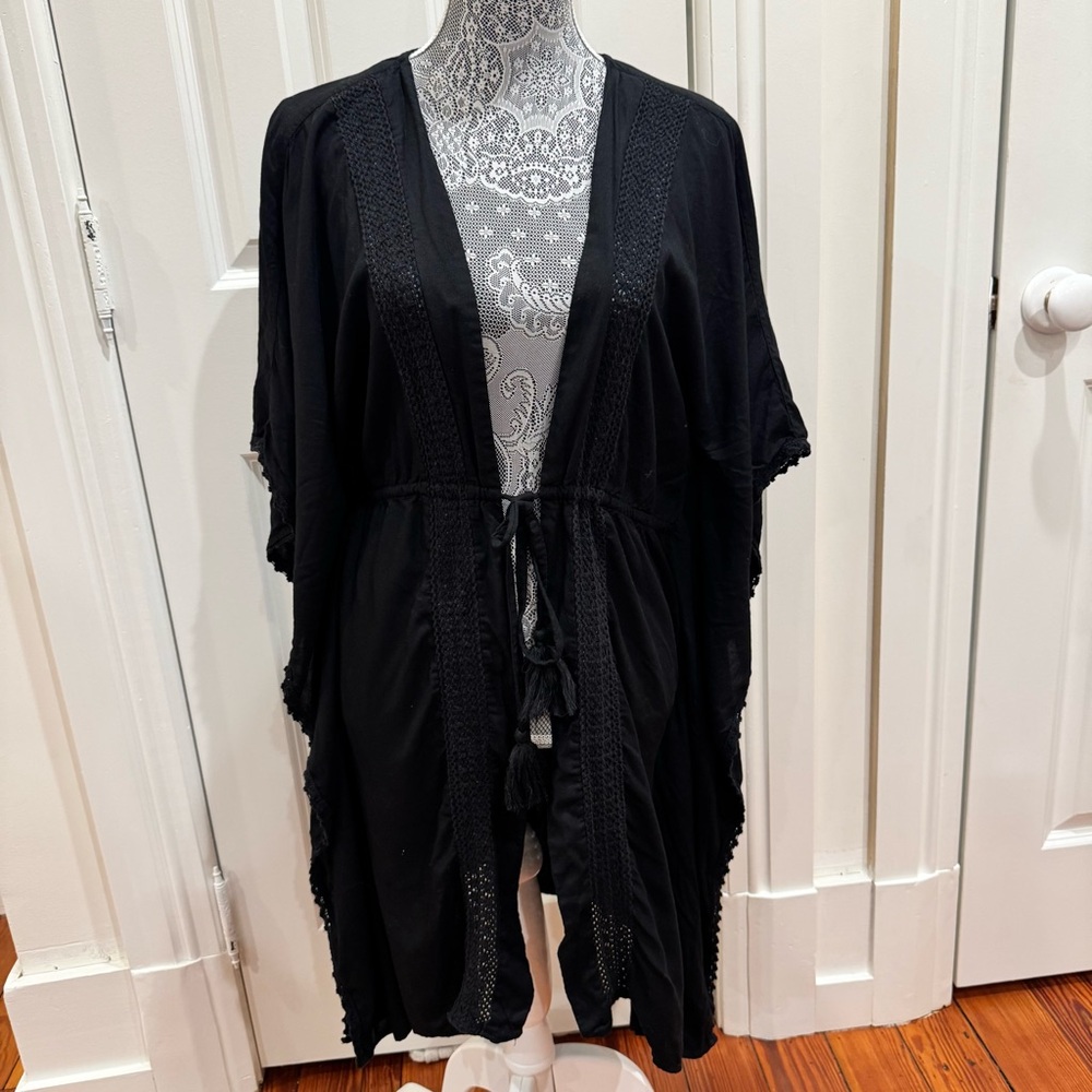 Black Swim Cover Up with Lace Accent and Front Tie Boho Cottagecore Size S/M